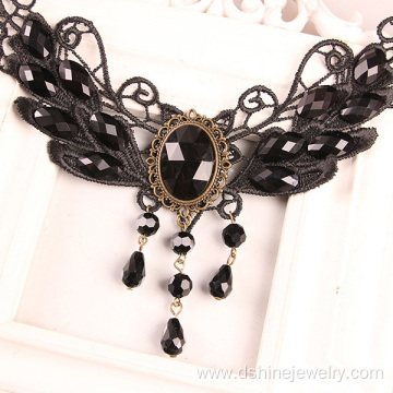 Fashion Black Wings With Gem Lace Necklace
